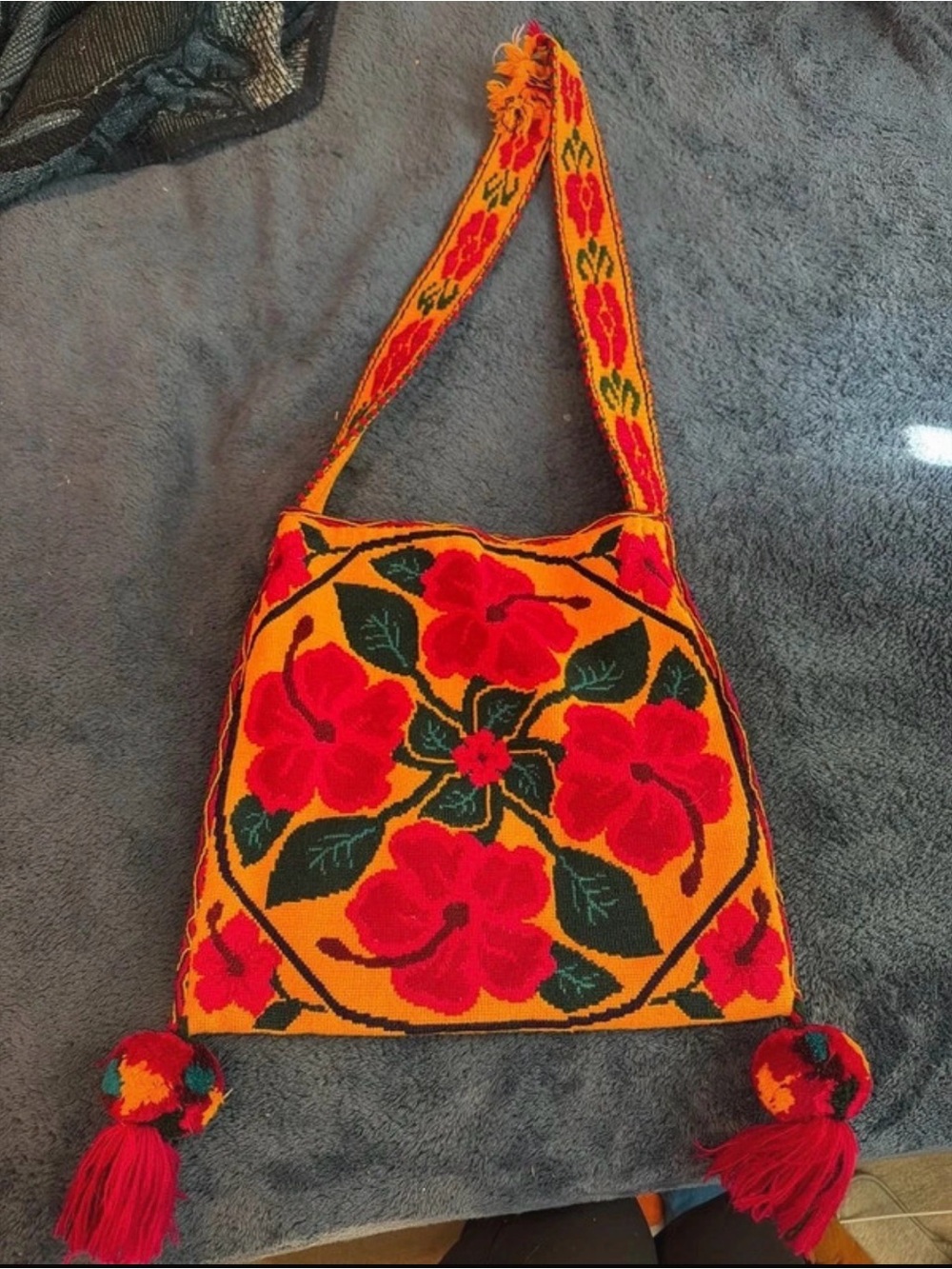 Vibrant Orange Floral Embroidered Shoulder Bag with Red Accents